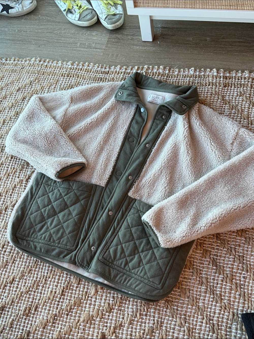 Z Supply Kids Two-Tone Sherpa Jacket in Cream and Olive Green